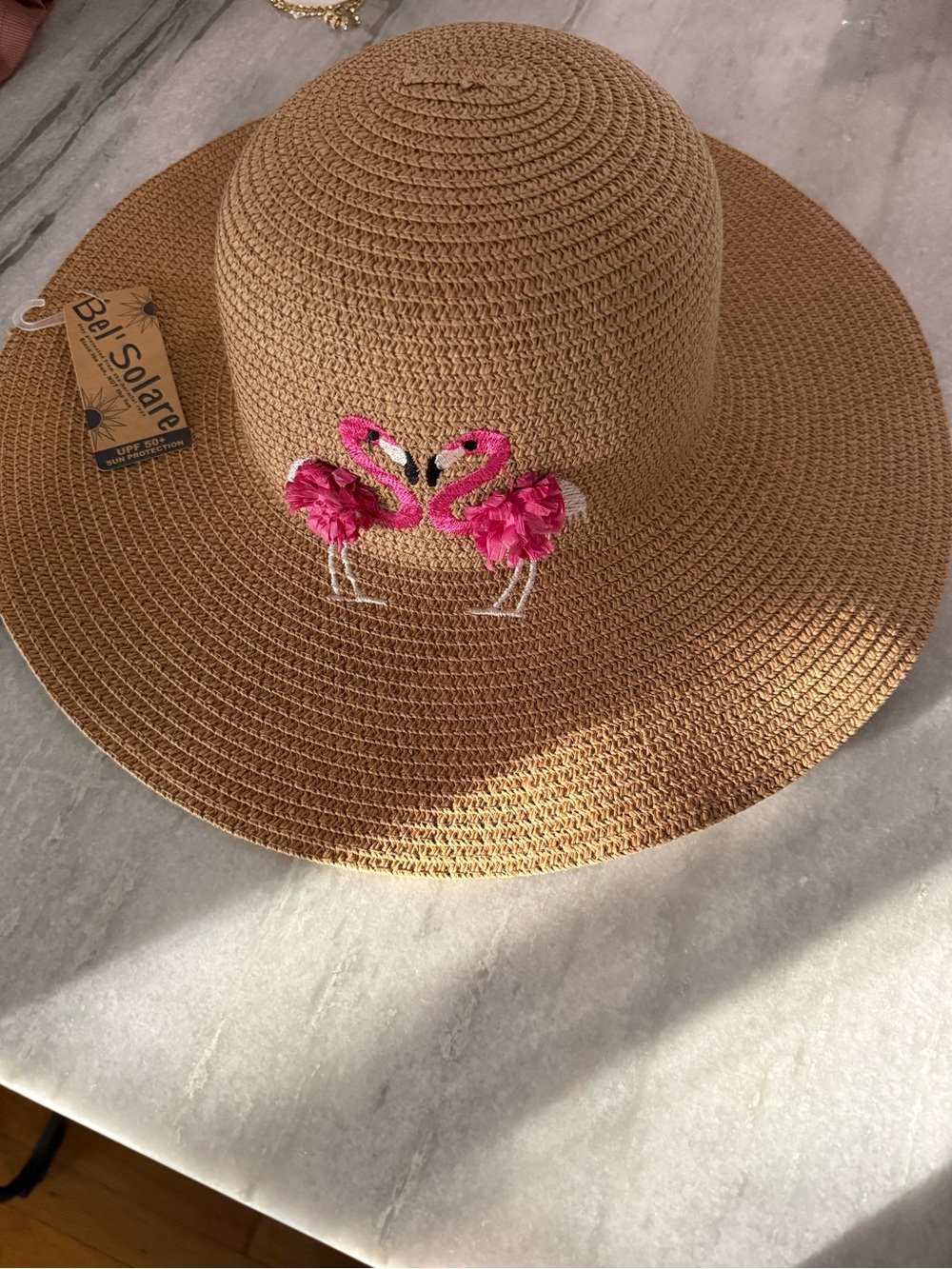 Women's Tan Straw Sun Hat with Pink Flamingo Embroidery